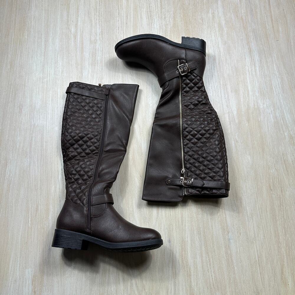 Dream Pairs Utah-W Brown Quilted Wide Calf Buckle Zip Knee High Riding Boots 11